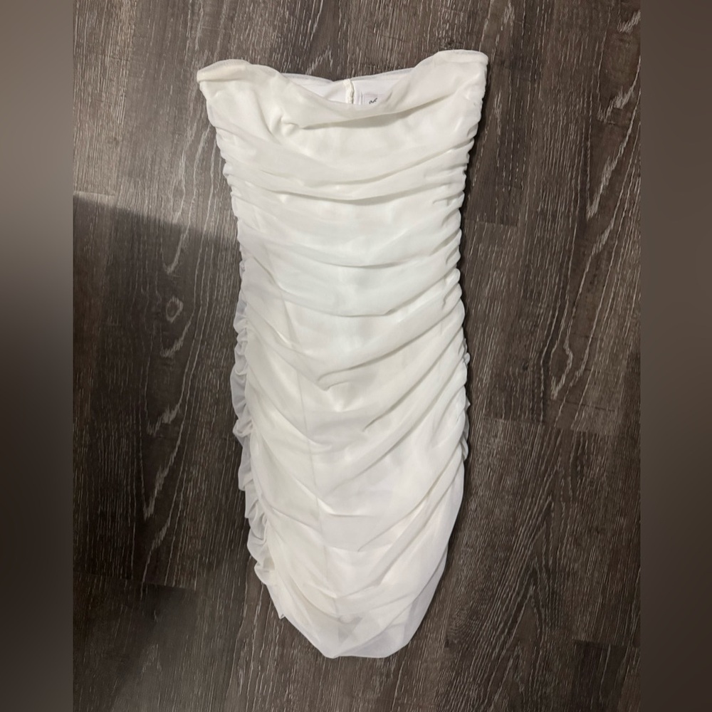 Oh Polly White Ruched Strapless Bodycon Dress